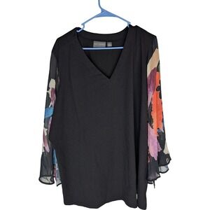 Brandis Autumn Abstract‎ Breezey Sleeve Top Women 2X Black V-Neck A698066